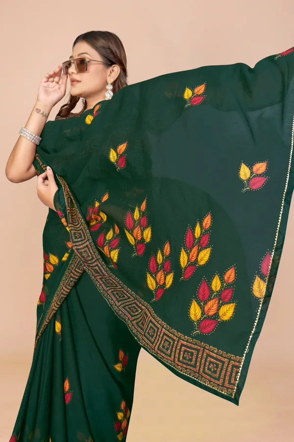 Dark_Green_Embroidered_Georgette_Saree_With_Leaf_Motifs