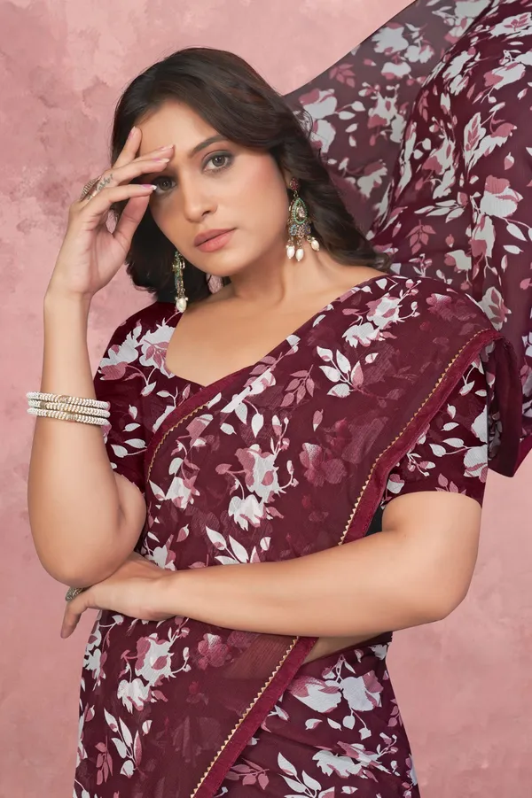 Maroon_Floral_Print_Saree_With_Matching_Blouse