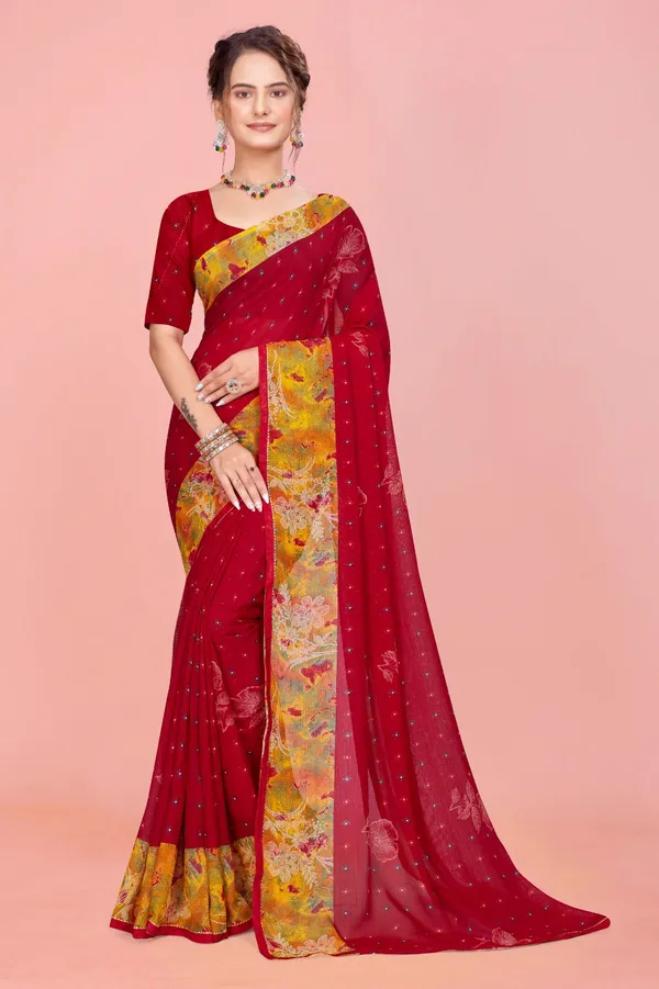 Red_Georgette_Saree_With_Golden_Zari_Border_And_Embroidered_Pallu
