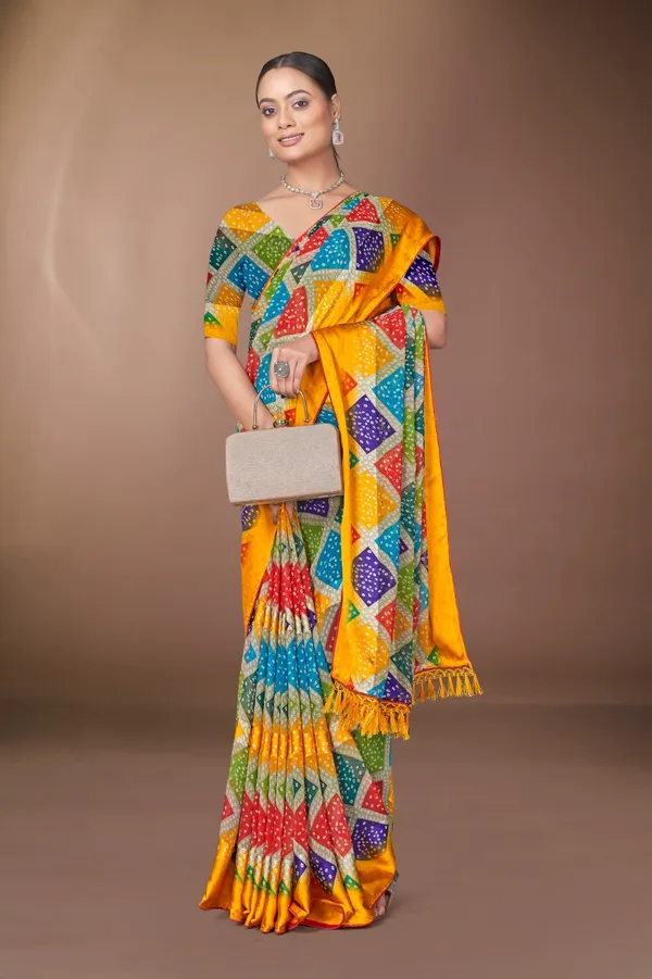 Multicolor_Checkered_Bandhani_Silk_Saree_With_Yellow_Border