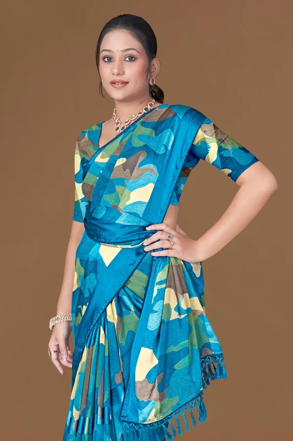 Blue_Camouflage_Print_Silk_Saree_With_Matching_Blouse_And_Tassel_Border
