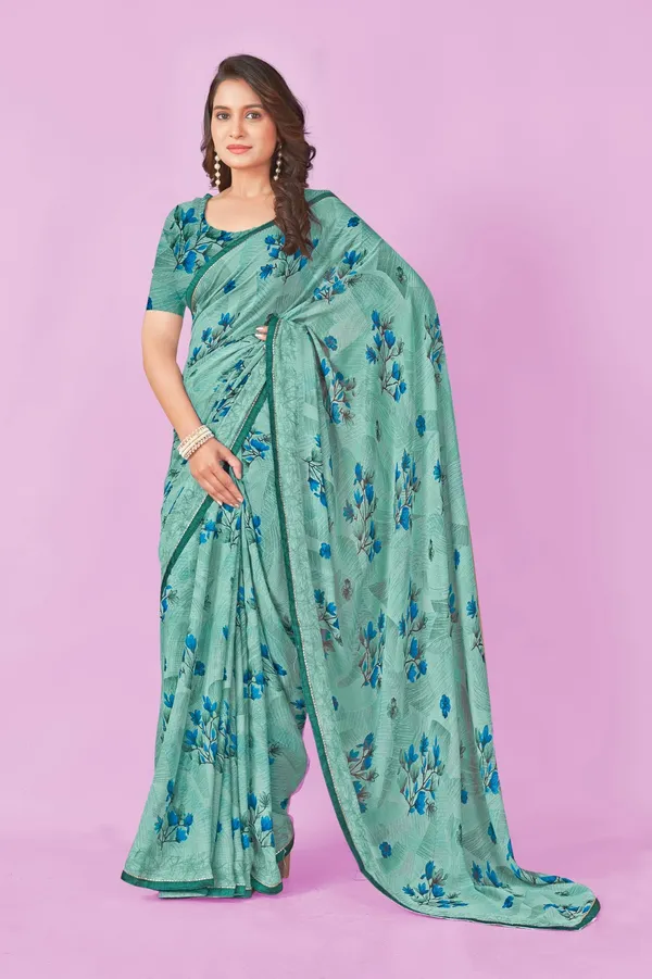 Elegant_Teal_Green_Floral_Print_Saree_With_Blouse
