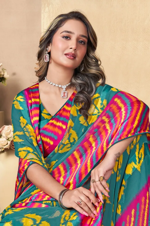 Vibrant_Multicolor_Ikat_Woven_Silk_Saree_With_Contrast_Border