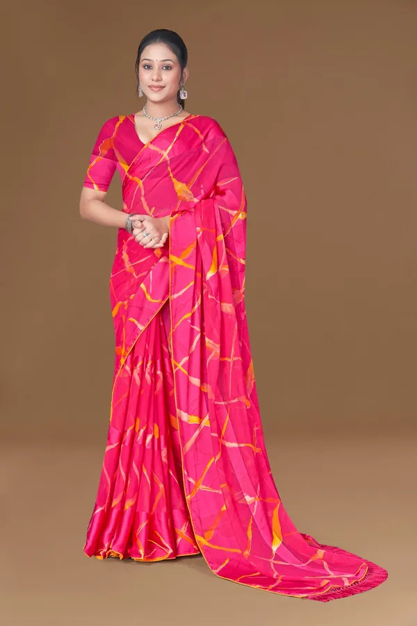 Vibrant_Pink_Leheriya_Print_Satin_Silk_Saree_With_Orange_Border_And_Tassels