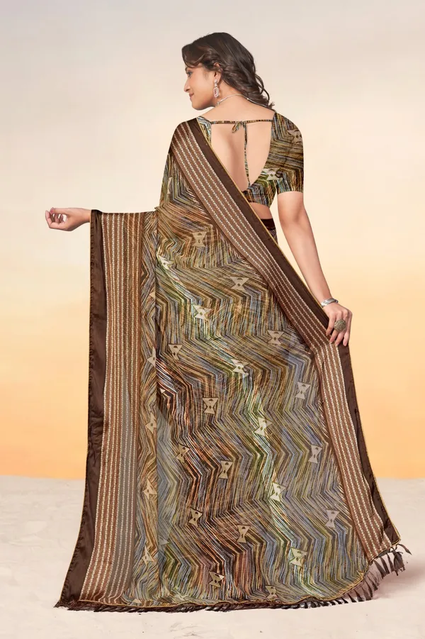Printed_Georgette_Saree_With_Blouse_-_Brown_And_Green_Striped_Pattern