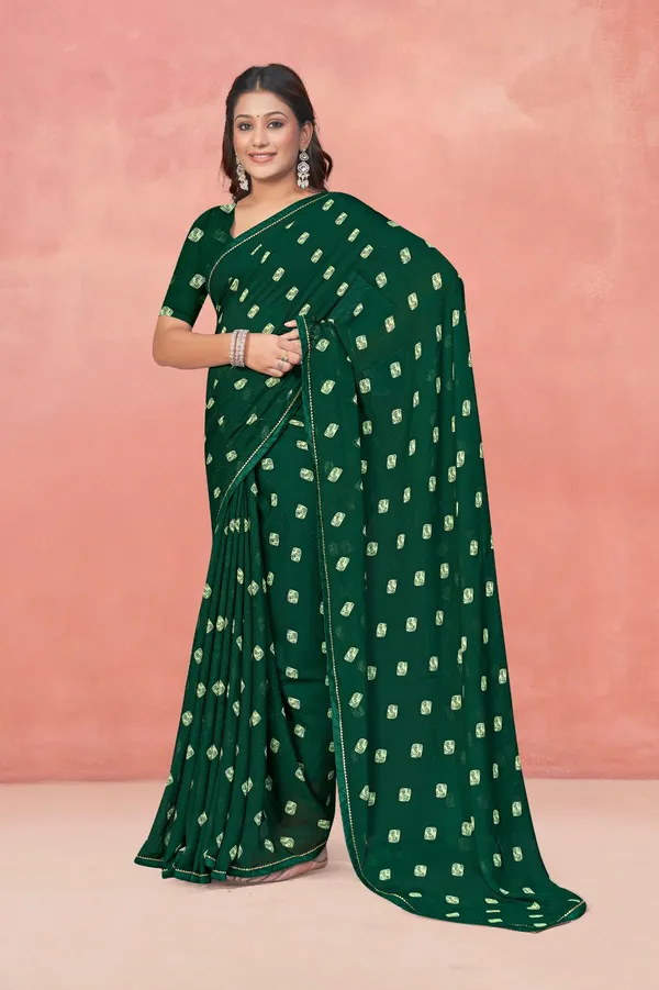 Dark_Green_Georgette_Saree_With_Gold_Zari_Buti_Work