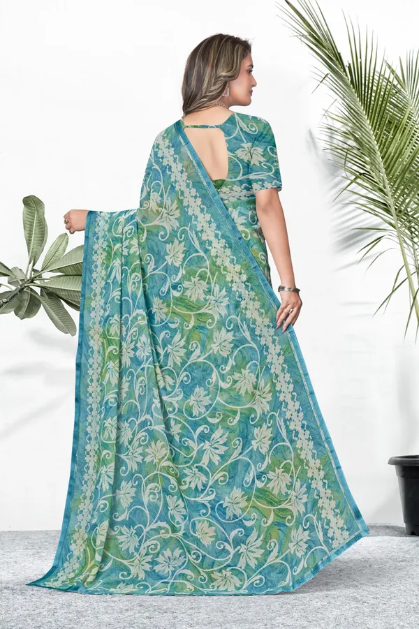 Turquoise_Blue_&_Green_Floral_Printed_Saree_With_Matching_Blouse