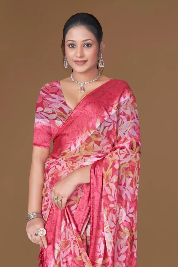Pink_Floral_Print_Banarasi_Silk_Saree_With_Zari_Border