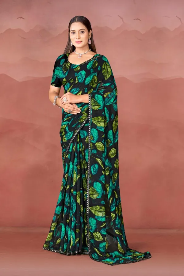 Black_Floral_Print_Georgette_Saree_With_Green_Leaf_Pattern