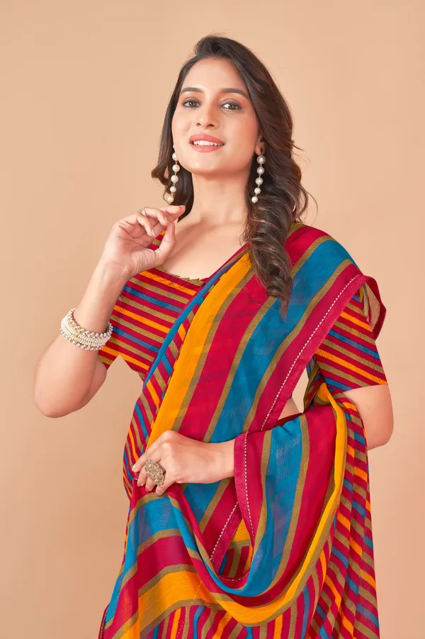 Multicolor_Striped_Cotton_Saree_With_Blouse