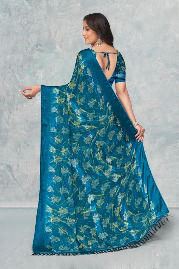 Teal_Blue_Jacquard_Saree_With_Golden_Floral_Weave_And_Tassel_Border