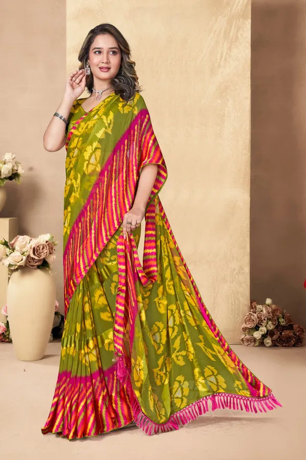 Vibrant_Green_And_Pink_Floral_Printed_Saree_With_Striped_Border