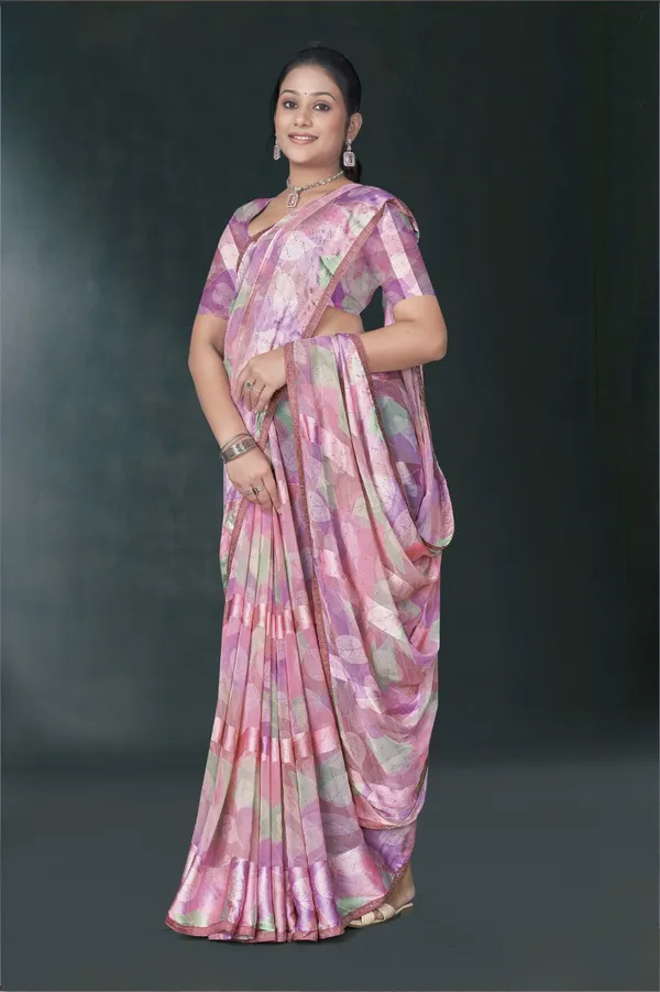 Pink_And_Purple_Floral_Print_Saree_With_Blouse