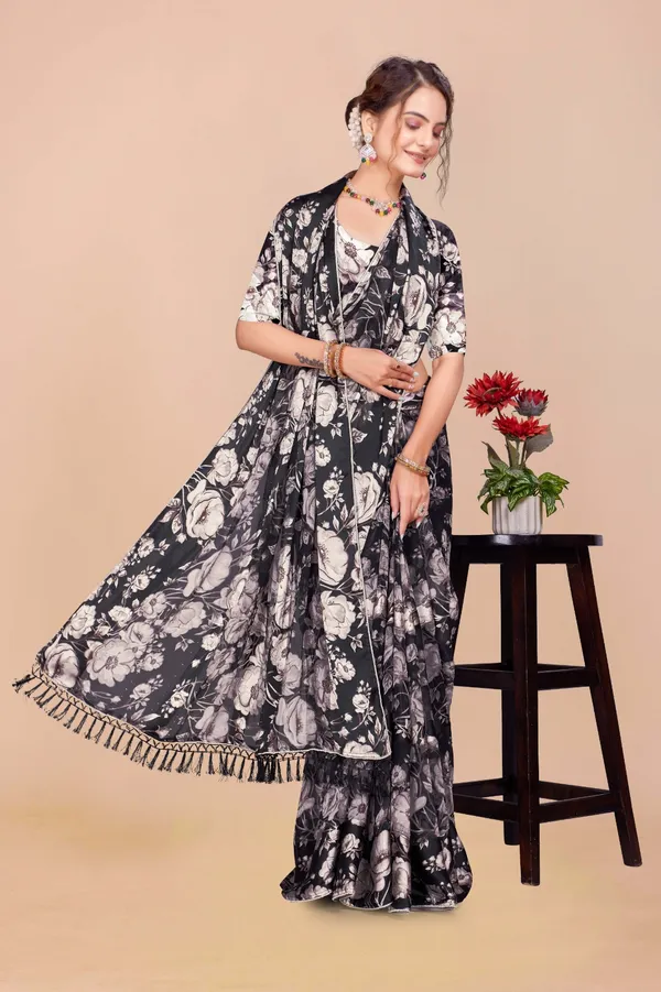 Black_And_White_Floral_Print_Saree_With_Tasseled_Border