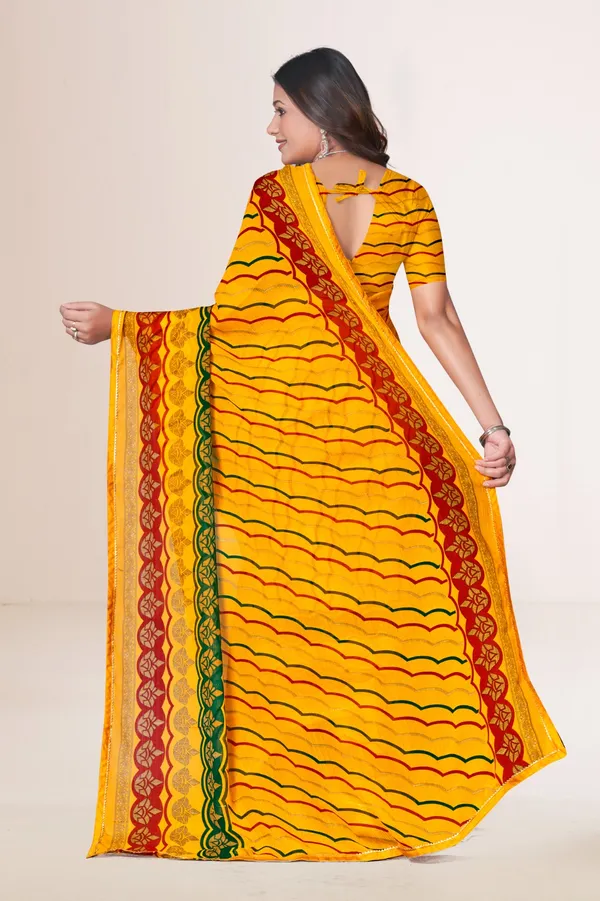 Traditional_Yellow_Leheriya_Saree_With_Red_And_Green_Border