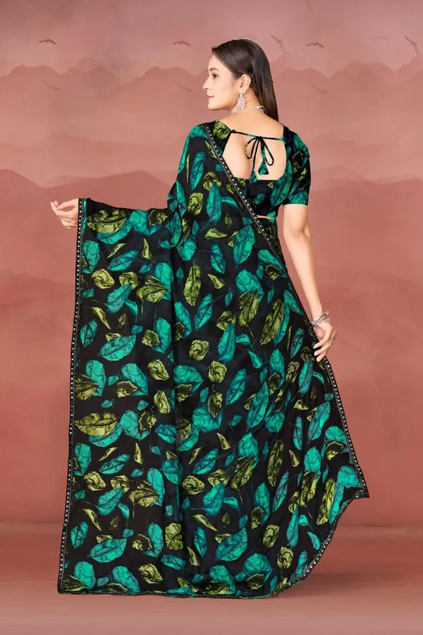 Black_Floral_Print_Georgette_Saree_With_Green_Leaf_Pattern