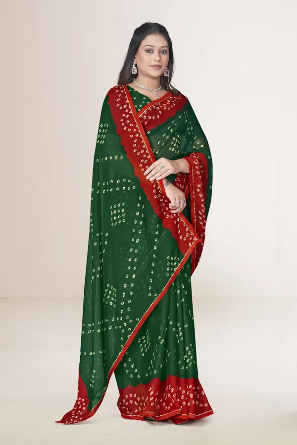 Green_And_Red_Bandhani_Saree_With_Traditional_Tie_Dye_Pattern