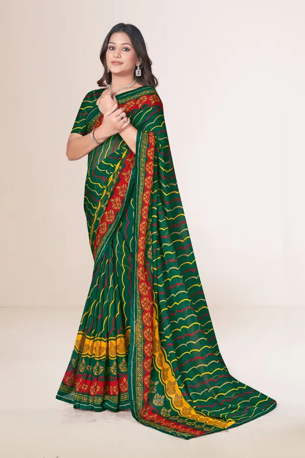 Traditional_Green_Bandhani_Print_Saree_With_Multicolor_Border