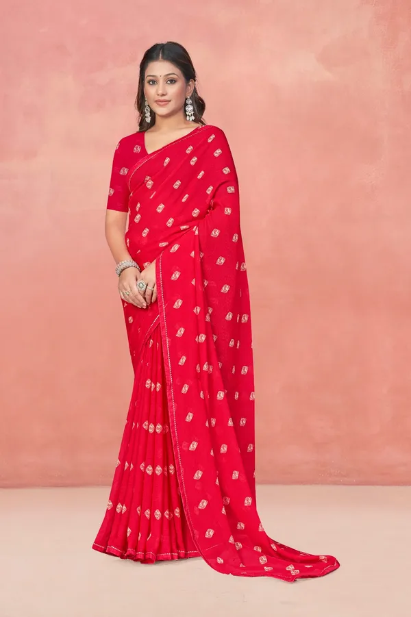 Red_Embroidered_Saree_With_Gold_Motifs_And_Matching_Blouse