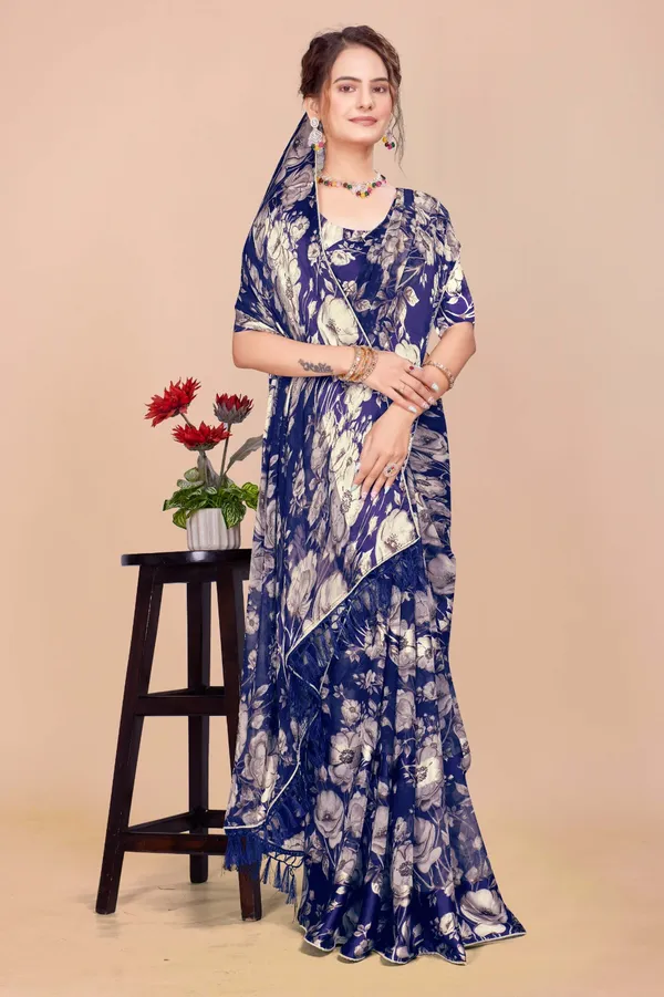 Navy_Blue_Floral_Print_Saree_With_Blouse
