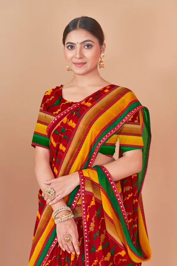 Traditional_Red_And_Multicolor_Ikat_Print_Saree_With_Border
