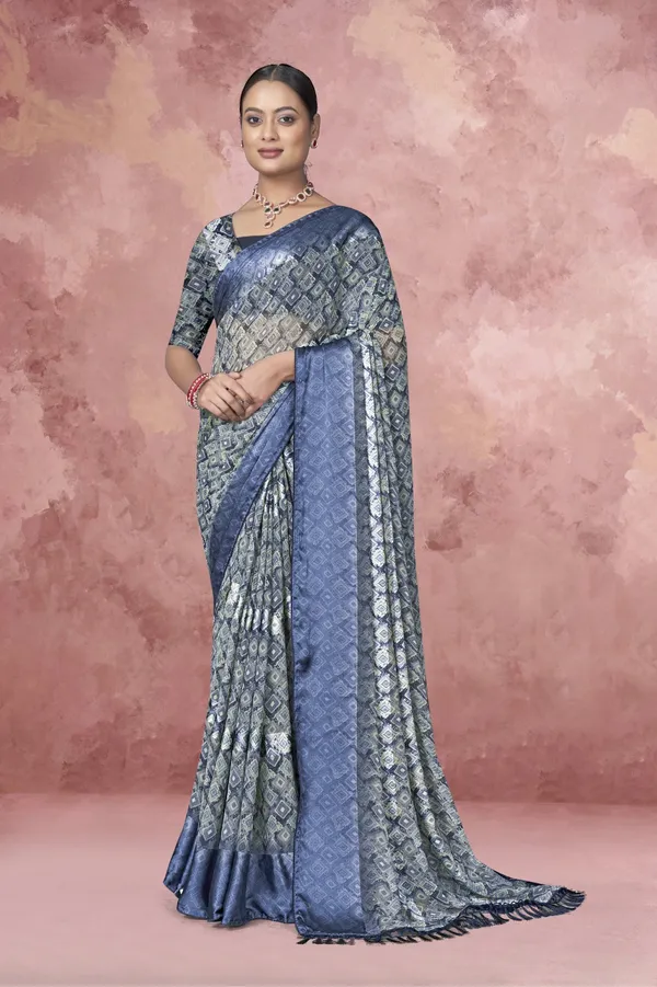 Blue_And_Silver_Printed_Silk_Saree_With_Blouse