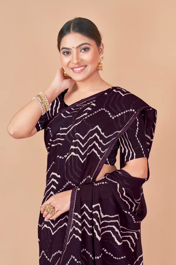 Brown_Bandhani_Print_Georgette_Saree_With_Blouse