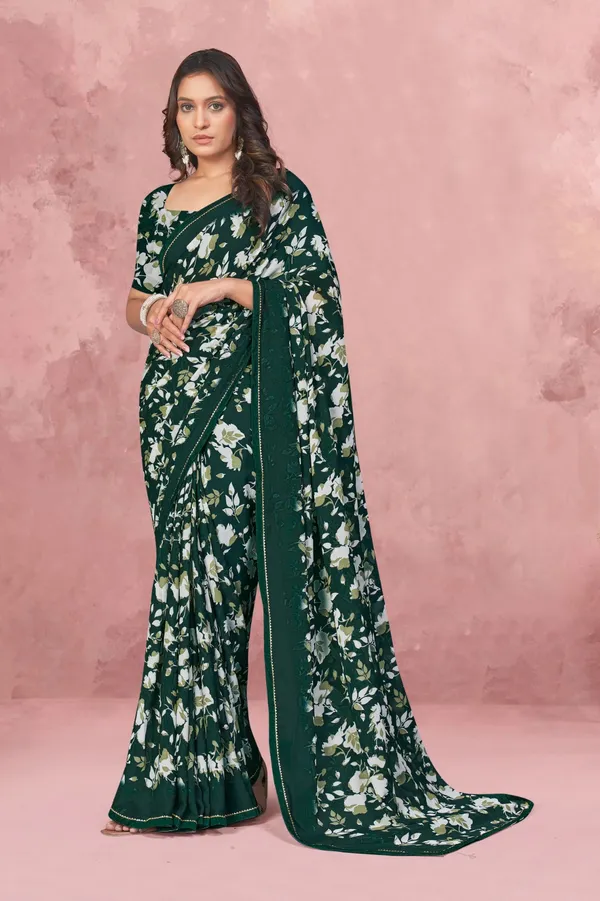Dark_Green_Floral_Print_Saree_With_Solid_Border