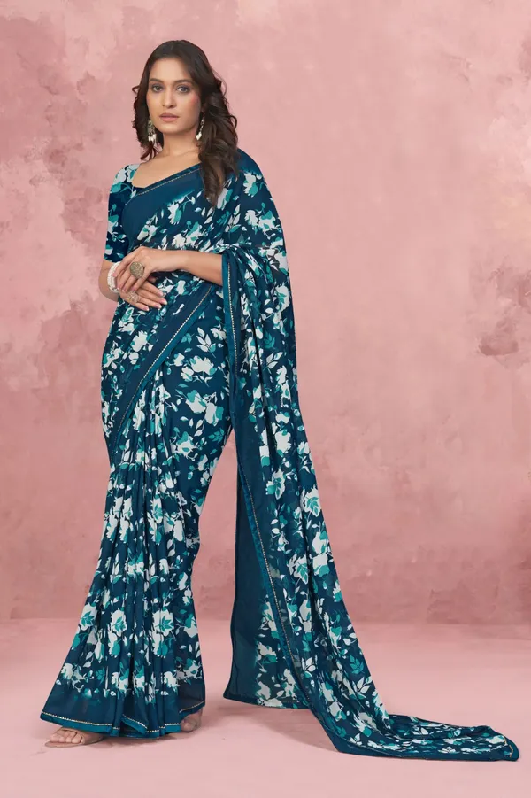 Floral_Print_Teal_Blue_Georgette_Saree_With_Blouse