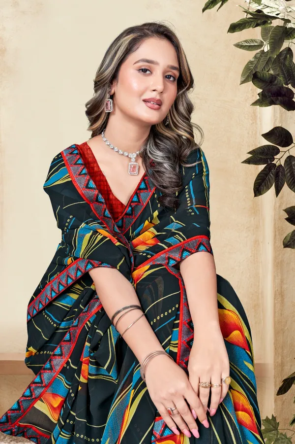Black_Printed_Saree_With_Colorful_Wave_Pattern_And_Red_Border