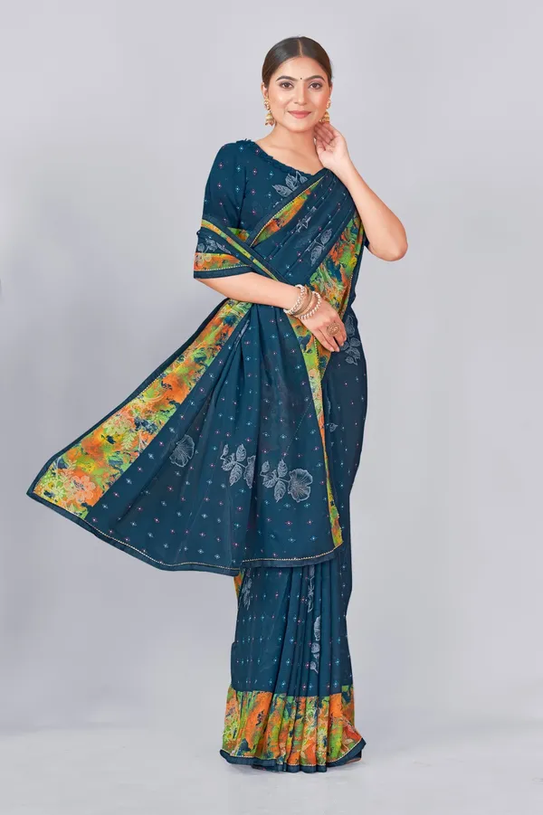 Teal_Blue_Bandhani_Print_Saree_With_Floral_Border
