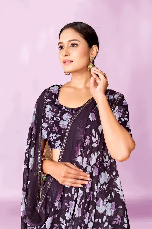 Dark_Purple_Floral_Print_Saree_With_Matching_Blouse