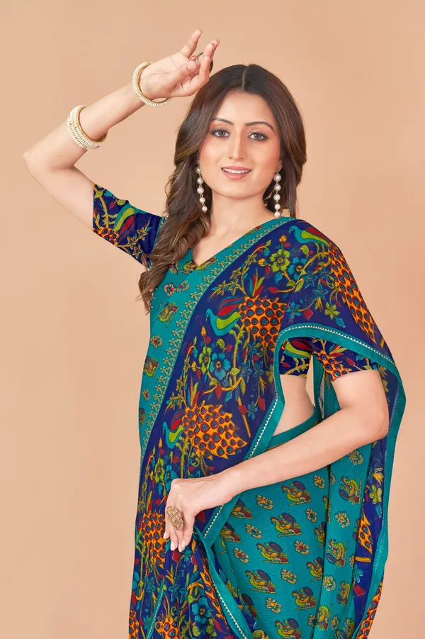 Traditional_Turquoise_And_Blue_Printed_Cotton_Silk_Saree_With_Peacock_Border