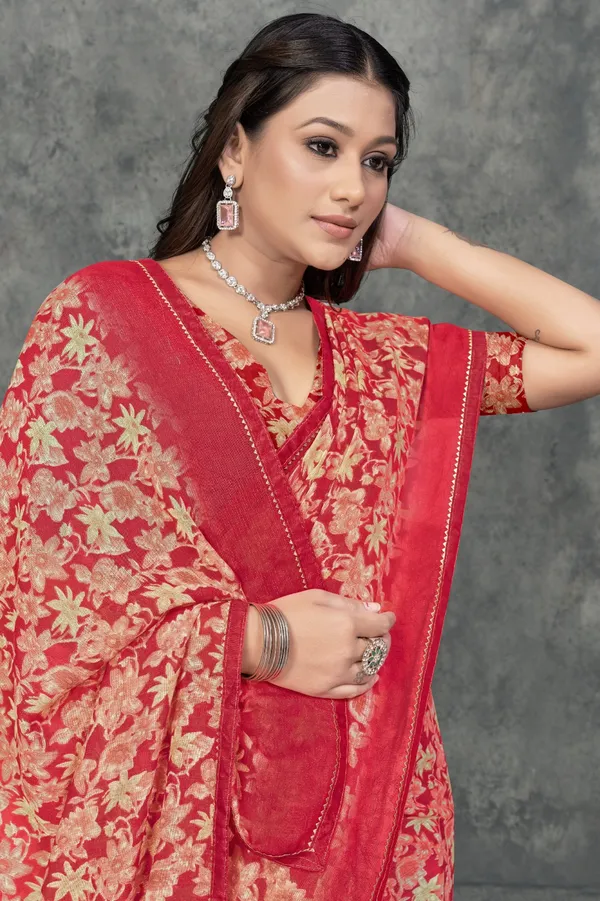 Red_And_Beige_Floral_Print_Saree_With_Blouse