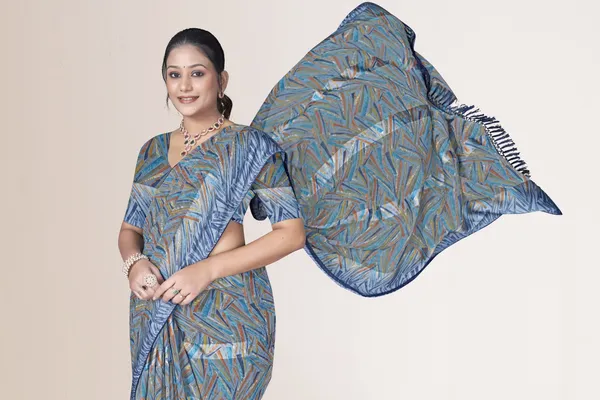 Blue_And_Grey_Printed_Cotton_Blend_Saree_With_Tasseled_Border