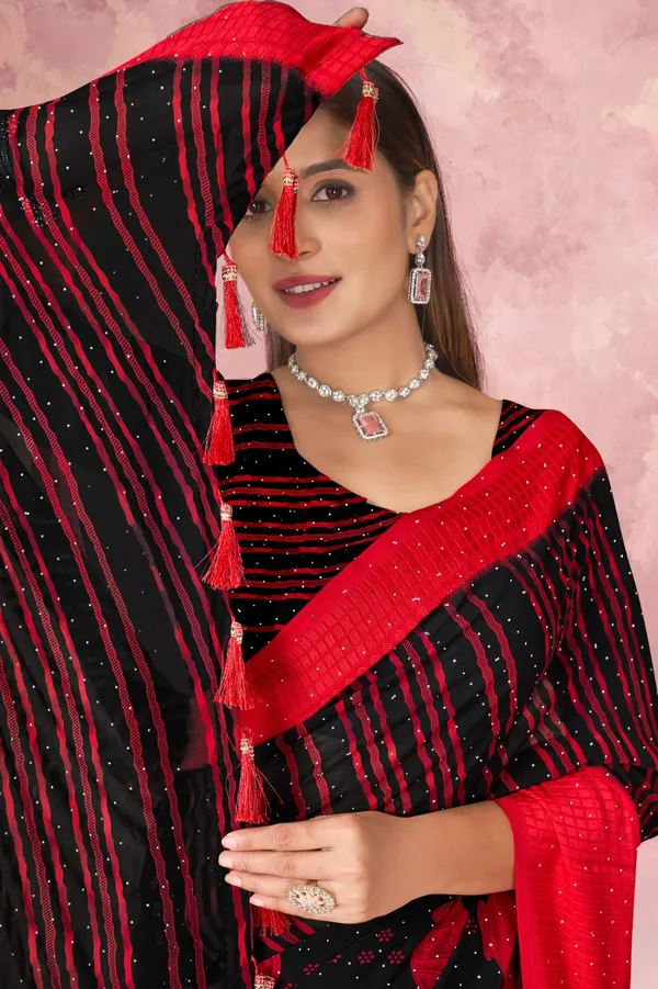 Black_And_Red_Sequin_Embellished_Georgette_Saree_With_Tassels
