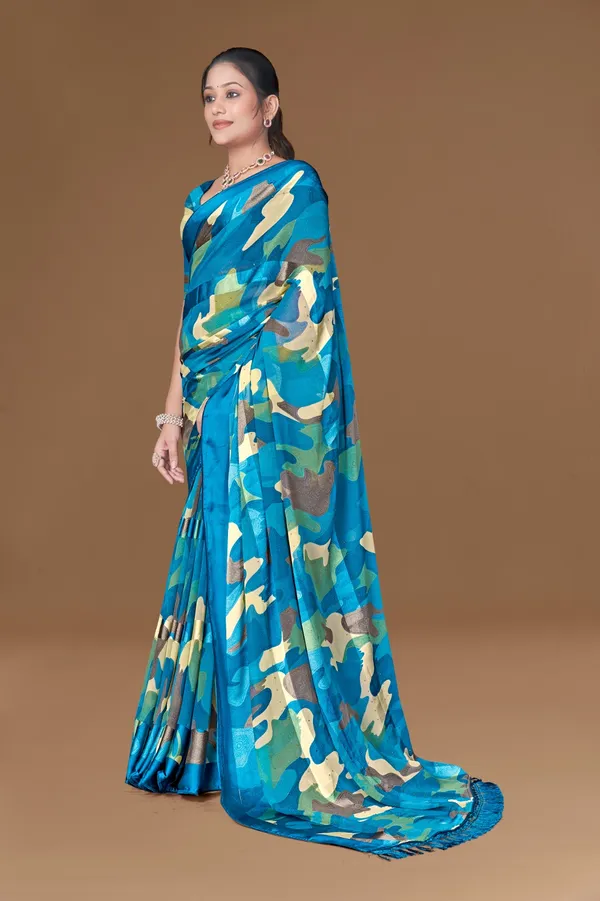 Blue_Camouflage_Print_Silk_Saree_With_Matching_Blouse_And_Tassel_Border