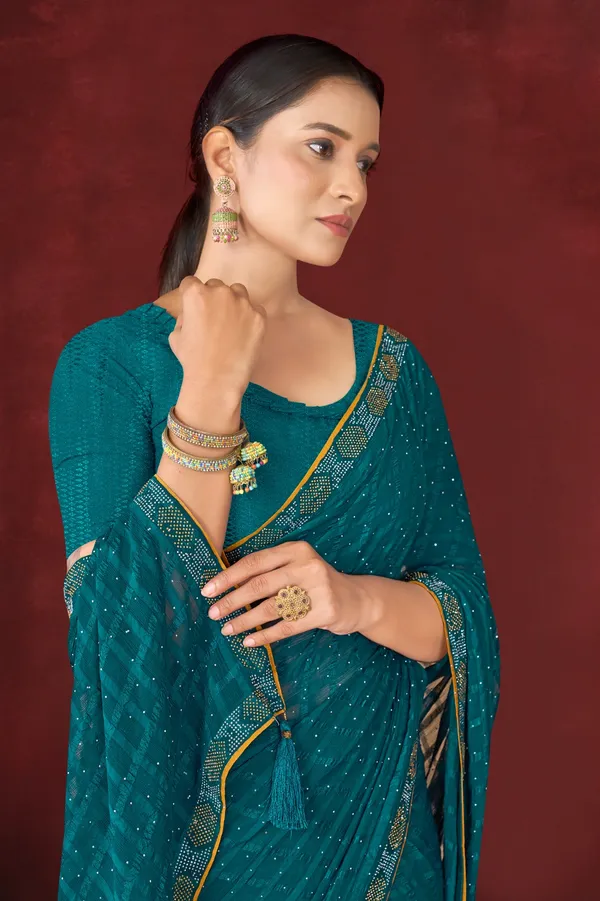 Teal_Blue_Embellished_Georgette_Saree_With_Blouse