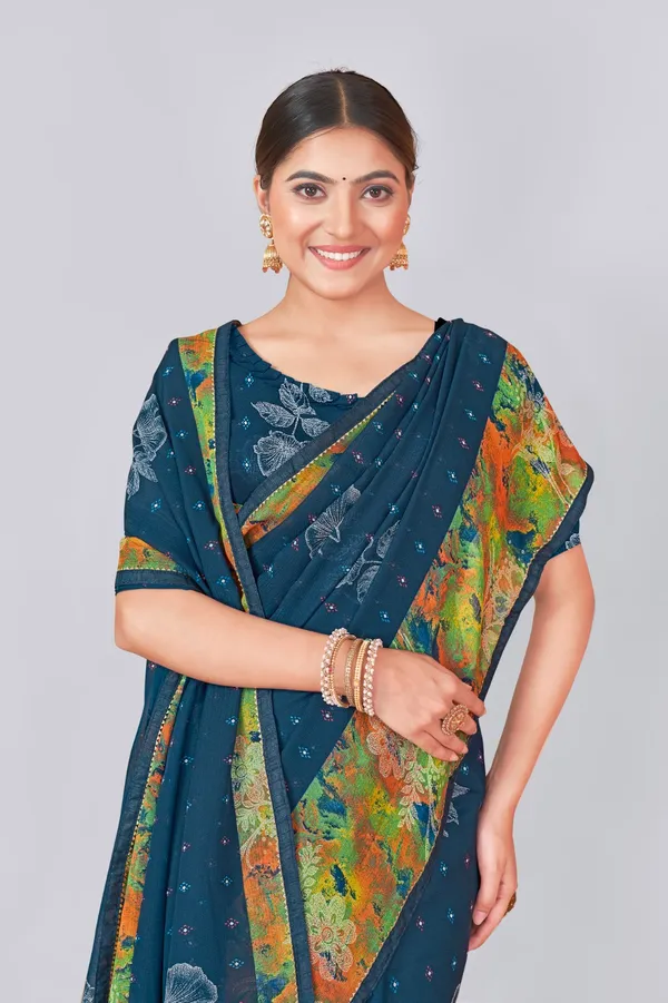 Teal_Blue_Bandhani_Print_Saree_With_Floral_Border