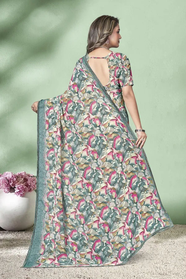 Floral_Printed_Chiffon_Saree_With_Blouse_-_Green_&_Pink