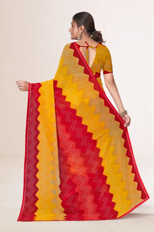 Traditional_Bandhani_Saree_In_Red_And_Yellow_With_Zigzag_Pattern