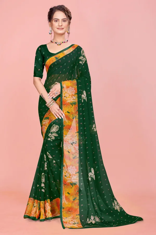 Green_And_Orange_Floral_Print_Saree_With_Embellished_Blouse