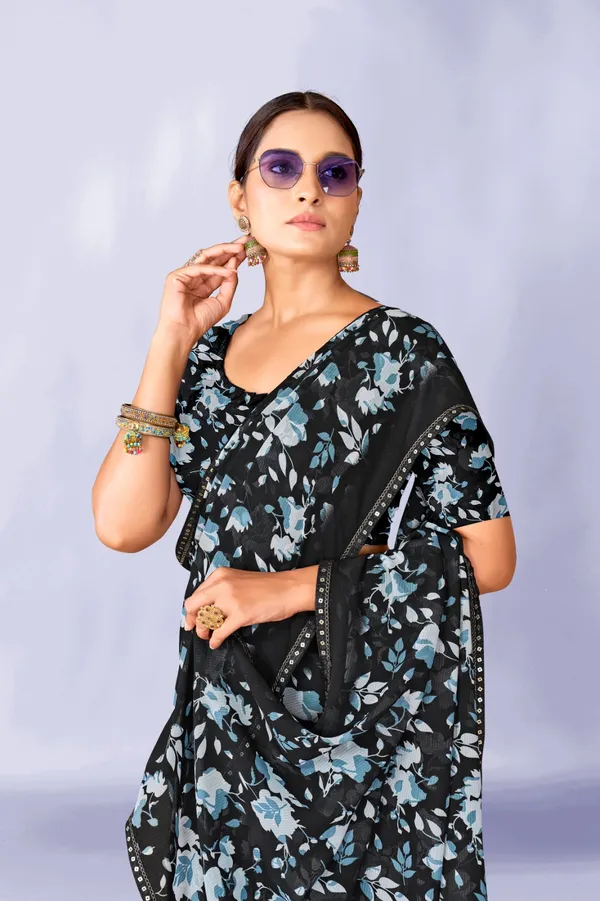Black_Floral_Print_Georgette_Saree_With_Blouse