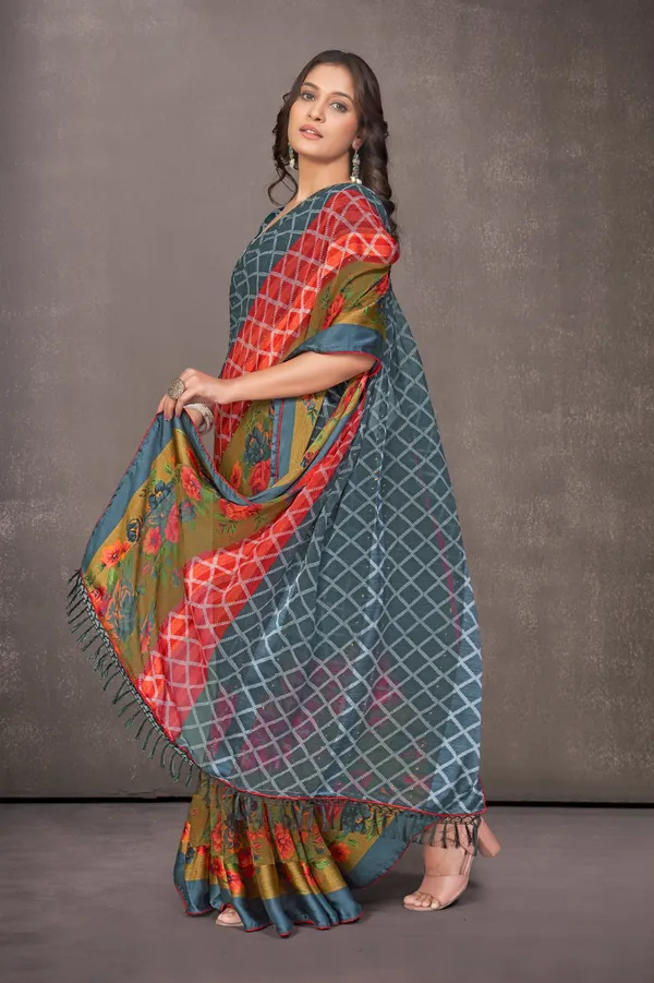 Multicolor_Checkered_Floral_Print_Saree_With_Blouse