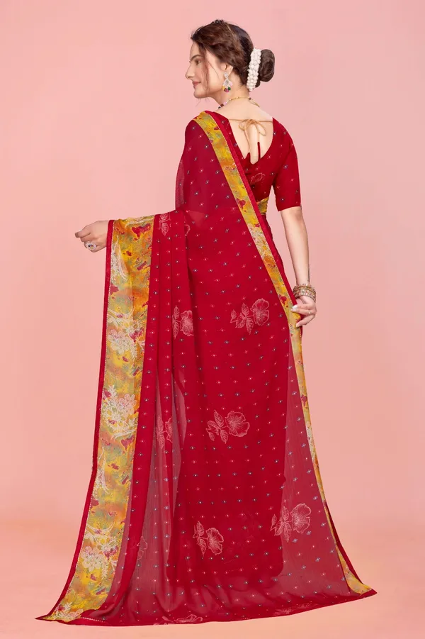 Red_Georgette_Saree_With_Golden_Zari_Border_And_Embroidered_Pallu