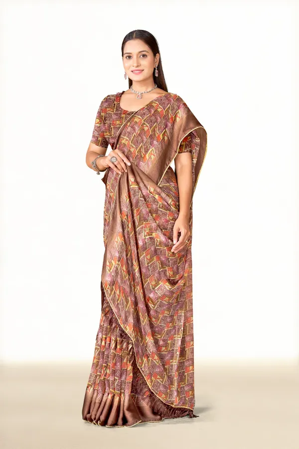 Brown_Geometric_Print_Silk_Saree_With_Matching_Blouse