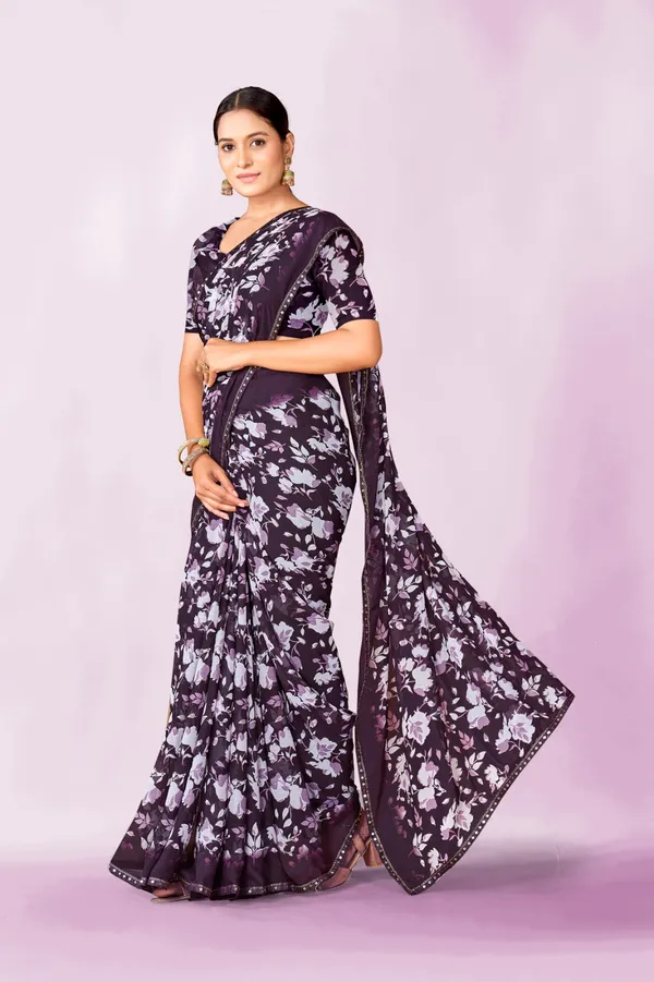 Dark_Purple_Floral_Print_Saree_With_Matching_Blouse