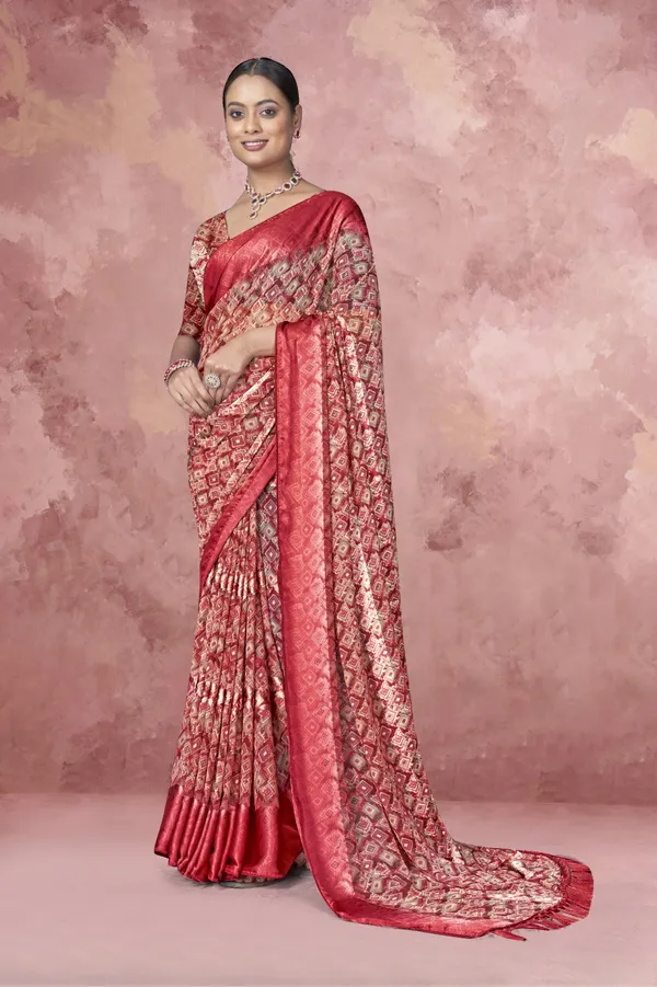 Red_Banarasi_Silk_Saree_With_Golden_Zari_Work_And_Matching_Blouse