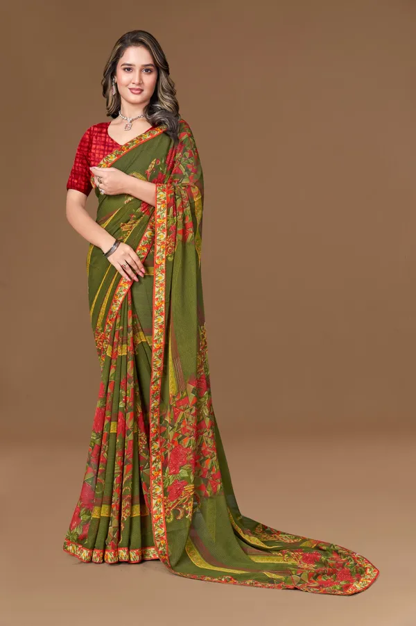 Olive_Green_Saree_With_Floral_Print_And_Red_Blouse