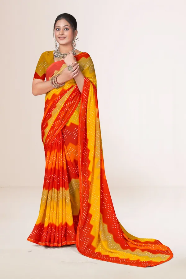 Traditional_Bandhani_Saree_In_Red,_Orange_And_Yellow_With_Golden_Border